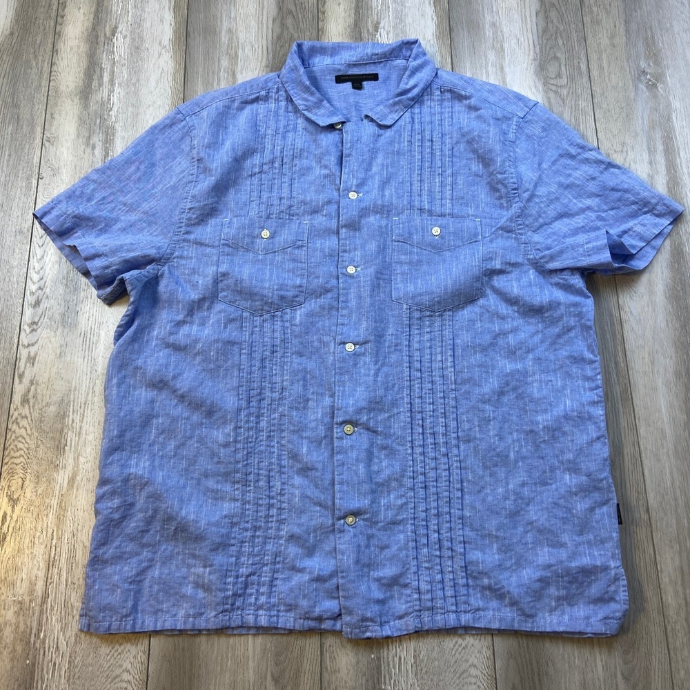 John Varvatos Shirt Mens 2XL Blue Linen Blend Camp Loop Collar Resort Cuban Men